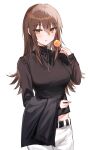  1girl bangs belt black_belt black_shirt blush breasts candy food highres jewelry kinona large_breasts lollipop long_hair long_sleeves necklace open_mouth original pants shirt simple_background solo white_background white_pants yellow_eyes 