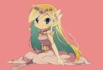 1girl artist_name belt blonde_hair blue_eyes blush dress floating_hair gloves jewelry long_dress long_hair multicolored_hair necklace parted_lips pink_dress princess_zelda seiza sitting the_legend_of_zelda the_legend_of_zelda:_spirit_tracks the_legend_of_zelda:_the_wind_waker tokuura