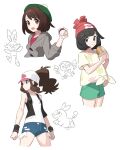  3girls :d bad_link bangs baseball_cap black_vest black_wristband brown_eyes brown_hair buttons cardigan chorefuji commentary_request eating eyelashes food food_on_face gloria_(pokemon) green_headwear green_shorts grey_cardigan hat high_ponytail highres hilda_(pokemon) holding holding_poke_ball looking_at_viewer multiple_girls open_clothes open_mouth open_vest partially_colored poke_ball poke_ball_(basic) pokemon pokemon_(game) pokemon_bw pokemon_sm pokemon_swsh rowlet scorbunny selene_(pokemon) shirt short_shorts shorts sidelocks smile t-shirt tepig tied_shirt vest white_shirt yellow_shirt 