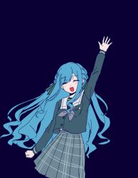  1girl arm_up bang_dream! bang_dream!_it's_mygo!!!!! birthday1730225 blue_hair blue_shirt blue_skirt blush closed_eyes grey_neckerchief highres long_hair neckerchief open_mouth plaid_clothes plaid_skirt pleated_skirt school_uniform shirt skirt solo togawa_sakiko tsukinomori_school_uniform two_side_up waving 