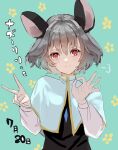  1girl animal_ears blue_background capelet daisy expressionless floral_background flower grey_hair highres looking_at_viewer mouse_ears nanasuou nazrin ok_sign paw_print paw_print_background simple_background solo touhou v 