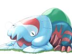  bubble closed_eyes commentary_request dracovish fangs grass lying mukiguri no_humans nose_bubble on_stomach open_mouth pokemon pokemon_(creature) skin_fangs sleeping solo white_background 