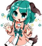  1girl animal_ears blush dog_ears dog_tail dress fang green_eyes green_hair kasodani_kyouko long_sleeves nokoro open_mouth pink_dress short_hair simple_background smile solo tail touhou upper_body white_background 