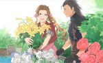  1boy 1girl aerith_gainsborough armor black_hair bracelet braid braided_ponytail brown_hair dress earrings final_fantasy final_fantasy_vii flower garden gloves green_eyes happy holding holding_flower jacket jewelry long_hair looking_at_another open_mouth pink_dress pink_ribbon plant red_jacket ribbon scar scar_on_cheek scar_on_face shillo shoulder_armor sleeveless sleeveless_turtleneck spiky_hair sweater turtleneck turtleneck_sweater zack_fair 