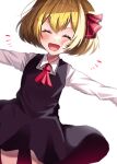  1girl 380u0 :d absurdres ascot black_dress blonde_hair closed_eyes dress facing_viewer fang hair_ribbon highres open_mouth pinafore_dress red_ascot red_ribbon ribbon rumia shirt short_hair simple_background skin_fang smile solo touhou white_background white_shirt 