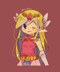  1girl artist_name belt blonde_hair blue_eyes blush dress floating_hair gloves highres jewelry long_hair multicolored_hair necklace one_eye_closed parted_lips pink_dress princess_zelda the_legend_of_zelda the_legend_of_zelda:_spirit_tracks the_legend_of_zelda:_the_wind_waker tokuura 