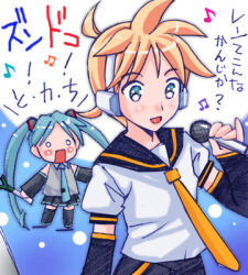  1boy 1girl :d ahoge aqua_hair aqua_necktie arm_warmers black_arm_warmers black_boots black_sailor_collar black_shorts black_skirt blonde_hair blush boots chibi food green_eyes grey_shirt hand_up hatsune_miku headphones holding holding_food holding_microphone holding_spring_onion holding_vegetable jun_atsushi kagamine_len lowres male_focus microphone musical_note necktie o_o open_mouth rectangular_mouth sailor_collar shirt short_hair shorts skirt sleeveless sleeveless_shirt smile solo_focus spring_onion standing thigh_boots twintails upper_body vegetable vocaloid white_shirt yellow_necktie yellow_trim 