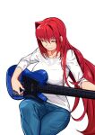  1girl absurdres aozaki_aoko bangs blue_pants breasts closed_eyes closed_mouth collarbone commentary_request cqqz0707 crossed_legs denim guitar hair_between_eyes hair_intakes highres holding holding_instrument instrument jeans large_breasts long_hair melty_blood pants plectrum redhead shirt simple_background sitting sleeves_rolled_up smile solo t-shirt tsukihime very_long_hair white_background white_shirt 