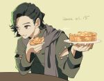 1boy apple_pie artist_name brown_eyes dated dessert food holding holding_food january kamen_rider kamen_rider_zi-o_(series) lips male_focus plate purple_scarf scarf signature simple_background sitting solo table tkst_ayaka trench_coat woz_(kamen_rider_zi-o) yellow_background
