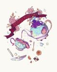  ^_^ banner biscuit_(bread) closed_eyes closed_mouth flower highres olopheris pink_flower pokemon pokemon_(creature) polteageist pouring saucer sinistea smile spoon sugar_cube tongs white_background 