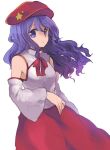  1girl :/ bare_shoulders bow bowtie breasts cabbie_hat commentary_request detached_sleeves flat_cap floating_hair hat hat_ornament label_girl_(dipp) long_hair long_skirt long_sleeves mandarin_collar purple_hair red_bow red_bowtie red_headwear red_skirt shukinuko skirt small_breasts star_(symbol) star_hat_ornament touhou vest violet_eyes white_sleeves white_vest wide_sleeves 