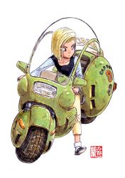  1girl android_18 black_shirt black_shoes blonde_hair blue_eyes blue_sleeves capsule_corp closed_mouth commentary_request dragon_ball dragon_ball_z kaneko_osamu looking_to_the_side motor_vehicle motorcycle on_motorcycle pants shirt shoes signature simple_background socks solo striped_sleeves white_background white_socks yellow_pants 