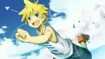  1boy blonde_hair blue_eyes blue_sky clouds collarbone dutch_angle fang happy kadokoa kagamine_len looking_at_viewer male_focus number_tattoo open_mouth outdoors paper_airplane red_footwear running shoes shorts shoulder_tattoo sky solo tank_top tattoo teeth vocaloid white_tank_top 