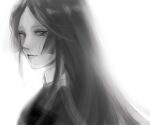  1girl chikuwa_(dr0603) closed_mouth eyelashes from_behind greyscale hime_cut light_smile lips long_hair looking_at_viewer looking_back messy_hair monochrome portrait sidelocks simple_background solo straight_hair tsukimi_ren world_trigger 
