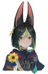  1boy animal_ear_fluff animal_ears bangs black_hair blue_hair cropped_torso ear_piercing flower genshin_impact gradient_hair green_eyes green_hair highres jewelry looking_at_viewer male_focus multicolored_hair parted_lips pcrxle piercing signature simple_background solo tassel tighnari_(genshin_impact) upper_body watermark white_background yellow_flower 