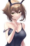  1girl alternate_costume black_camisole breasts brown_hair camisole collarbone flipped_hair green_eyes hairband hand_on_own_cheek hand_on_own_face headgear highres kantai_collection large_breasts monoku mutsu_(kancolle) radio_antenna short_hair smile solo strap_slip upper_body 