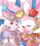  ;d blush buttons clothed_pokemon commentary_request espeon fang flower no_humans one_eye_closed open_mouth pokemon pokemon_(creature) pokemon_(game) pokemon_unite red_flower smile sylveon tongue violet_eyes yuui_art 