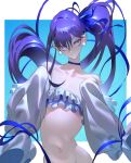  1girl bare_shoulders blue_bow border bow character_request closed_mouth collarbone earrings eyelashes fate/grand_order fate_(series) frills gradient gradient_background hair_between_eyes highres jewelry long_eyelashes long_hair looking_at_viewer meltryllis_(fate) meltryllis_(swimsuit_lancer)_(fate) navel nicholas_f parted_lips ponytail purple_hair sleeves_past_fingers sleeves_past_wrists smile solo very_long_hair violet_eyes white_border 
