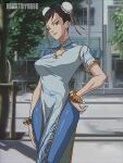  1990s_(style) 1girl absurdres bracelet brown_eyes brown_hair bun_cover china_dress chinese_clothes chun-li commission double_bun dress hair_bun hand_on_hip highres jewelry kshatriya_666 looking_at_viewer retro_artstyle solo standing street_fighter street_fighter_6 tree 