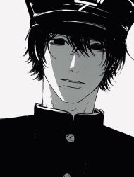  1boy buttons chainsaw_man closed_mouth ear_piercing gakuran gakuseibou hair_between_eyes hat looking_at_viewer male_focus mole mole_under_mouth multiple_piercings njiak parted_lips piercing portrait school_uniform short_hair simple_background solo teeth white_background yoshida_hirofumi 