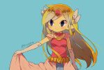  1girl artist_name belt blonde_hair blue_eyes blush dress floating_hair gloves jewelry long_dress long_hair multicolored_hair necklace parted_lips pink_dress princess_zelda skirt_hold the_legend_of_zelda the_legend_of_zelda:_spirit_tracks the_legend_of_zelda:_the_wind_waker tokuura 