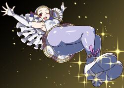  1girl absurdres ass blonde_hair breasts capelet cianter dress escoffion gloves hat highres ingrid_(capcom) mary_janes medium_breasts one_eye_closed open_mouth pantyhose purple_capelet purple_pantyhose red_eyes shoes skirt solo street_fighter street_fighter_6 turtleneck_capelet white_gloves 