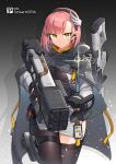  1girl absurdres black_pantyhose cloak commentary_request earpiece green_eyes gun hairband highres holster id_card looking_at_viewer missile_pod original pantyhose pink_hair rifle rocket_launcher sherman_(egnk2525) single_thighhigh solo thigh-highs thigh_holster tsurime weapon weapon_on_back 