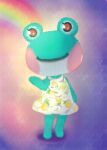  1girl animal_crossing artist_request bare_arms bare_back bare_shoulders blush closed_mouth dress flower frog full_body lily_(animal_crossing) looking_at_viewer non-web_source orange_eyes personification pineapple_print purple_background rainbow sleeveless sleeveless_dress smile solo standing 