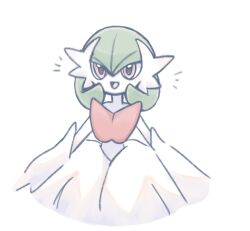  1girl bob_cut colored_skin commentary_request dress elbow_gloves gardevoir gloves green_hair highres mega_gardevoir mega_pokemon open_mouth pink_eyes pokemon pokemon_(creature) smile suzu_(pixiv_32232702) white_dress white_gloves white_skin 