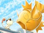  cat clouds commentary_request day magikarp meowth mukiguri no_humans outdoors pokemon pokemon_(creature) sitting sky statue water_drop 