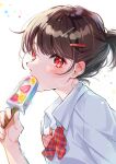  1girl bangs blush bow bowtie brown_hair collared_shirt eating food fruit hair_ornament hairclip highres holding holding_food looking_at_viewer original piroshiki123 ponytail popsicle red_bow red_bowtie red_eyes shirt short_hair short_ponytail signature simple_background solo strawberry upper_body white_background white_shirt 
