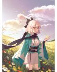  1girl absurdres ahoge bangs belt black_belt black_bow black_scarf blonde_hair bow breasts closed_mouth clouds cloudy_sky evening fate/grand_order fate_(series) field flower grass green_kimono hair_between_eyes hair_bow highres japanese_clothes joodaru kimono long_sleeves multicolored_clothes multicolored_kimono okita_souji_(fate) petals red_flower scarf short_hair sky small_breasts smile solo standing sunlight white_kimono yellow_eyes yellow_flower 