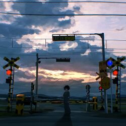  1boy banakotakemaru black_hair black_shirt blue_sky boom_barrier clouds cloudy_sky collared_shirt colorful_clouds crossbuck evening gradient_sky highres looking_at_viewer mountain mountainous_horizon on_railroad_tracks original outdoors overhead_line pantograph pants power_lines railroad_crossing railroad_signal railroad_tracks road road_sign scenery shirt short_hair short_sleeves sign sky sunset town traffic_light twilight warning_sign wide_shot 