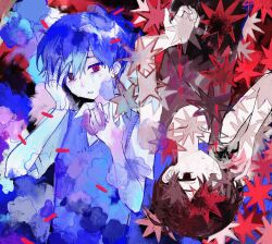  2boys alternate_color alternate_hair_color antenna_hair black_tank_top blue_hair blue_sweater_vest closed_mouth collared_shirt colored_skin commentary_request crying crying_with_eyes_open dual_persona expressionless hair_between_eyes hand_in_own_hair highres leaf limited_palette looking_at_viewer male_focus multiple_boys omori omori_(omori) omorivv parted_lips polar_opposites red_eyes rotational_symmetry sad shirt short_hair short_sleeves sunny_(omori) sweater_vest tank_top tears upper_body upside-down white_shirt white_skin 