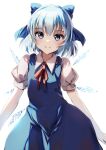  1girl bangs blue_bow blue_dress blue_eyes blue_hair bow cirno closed_mouth collared_shirt dress hair_bow highres ice ice_wings looking_at_viewer natsume_suzuri pinafore_dress shirt short_hair simple_background smile solo touhou white_background white_shirt wings 