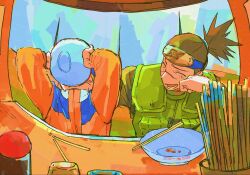  2girls black_hair blonde_hair eating facial_mark flak_jacket food forehead_protector highres indoors jacket konohagakure_shinobi_uniform male_focus multiple_girls naruto_(classic) naruto_(series) nintizaa_ja orange_jacket plate scar scar_on_face smile spiky_hair umino_iruka uzumaki_naruto whisker_markings 