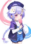  1girl absurdres bangs baseball_cap braid casual coin_hair_ornament commentary_request cookieee eating food genshin_impact hair_between_eyes hair_ornament hat highres holding hood hooded_jacket jacket jiangshi long_hair looking_at_viewer low-tied_long_hair low_ponytail official_alternate_costume ofuda popsicle purple_hair qiqi_(genshin_impact) short_sleeves shorts sidelocks simple_background single_braid solo suspender_shorts suspenders violet_eyes wallet white_background 