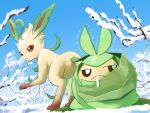  :&lt; brown_eyes closed_mouth cold commentary_request day frown leafeon mukiguri no_humans nose_bubble outdoors pokemon pokemon_(creature) sideways_glance sky snow swadloon trembling 
