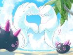  &gt;_&lt; beach blush clouds commentary_request day heart heart_hands heart_hands_duo mukiguri no_humans outdoors palm_tree pink_eyes pokemon pokemon_(creature) pyukumuku sand shore sky sweat tree trembling water 