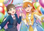  2girls absurdres al_aoi_aoba balloon bangs braid brown_hair commentary_request curtains feathers french_braid green_eyes hat highres holding holding_feather long_hair long_sleeves looking_at_viewer love_live! love_live!_superstar!! low_twintails multiple_girls orange_hair sakurakouji_kinako school_uniform shibuya_kanon smile star_(symbol) twintails upper_body violet_eyes white_feathers yuigaoka_school_uniform 