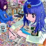  2girls ace_akira bangs blue_hair blue_shirt blunt_bangs bob_cut cable closed_mouth computer controller drawing_tablet empty_eyes freckles heart_on_cheek holding holding_remote_control indoors jaggy_lines jewelry keyboard_(computer) long_hair medium_hair mouse_(computer) multiple_girls original purple_hair rain ramen remote_control ring shirt sticker stuffed_toy violet_eyes white_shirt writing 