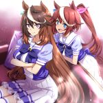  2girls :d animal_ears bangs blue_eyes breasts brown_hair closed_mouth commentary_request crossed_arms hair_between_eyes hair_ribbon horse_ears horse_girl large_breasts long_hair looking_at_viewer multicolored_hair multiple_girls nakahira_guy pink_ribbon ponytail puffy_short_sleeves puffy_sleeves ribbon school_uniform short_hair short_sleeves sitting skirt smile streaked_hair symboli_rudolf_(umamusume) tokai_teio_(umamusume) tracen_school_uniform umamusume violet_eyes white_hair white_skirt 