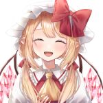  1girl blonde_hair bow closed_eyes crystal facing_viewer flandre_scarlet furawast happy hat highres mob_cap one_side_up open_mouth pointy_ears red_bow red_vest short_sleeves simple_background solo touhou upper_body vest white_background wings 