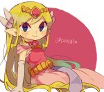 1girl artist_name belt blonde_hair blue_eyes blush commentary_request dress floating_hair full_body gloves grey_gloves hair_ornament highres holding jewelry long_dress long_hair multicolored_hair necklace pink_dress pointy_ears princess_zelda simple_background sitting smile solo the_legend_of_zelda the_legend_of_zelda:_the_wind_waker tiara tokuura
