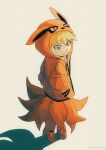  1boy abanovo absurdres animal_costume animal_ears blonde_hair blue_eyes child cosplay facial_mark fake_animal_ears fangs fox_costume fox_ears hands_in_pockets highres hood hoodie looking_back male_child male_focus naruto_(series) ninetales simple_background uzumaki_naruto white_background 