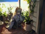  1girl absurdres arknights beach furioso grey_hair grey_pants highres jacket long_hair muelsyse_(arknights) pants plant potted_plant solo squatting sunlight very_long_hair wall water white_jacket wooden_floor yellow_eyes 