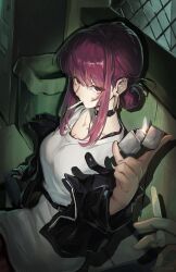  1girl 1other absurdres black_choker black_jacket choker cigarette commentary hair_bun highres holding holding_cigarette holding_lighter jacket kutu lighter night open_clothes open_jacket pov red_eyes red_hair shirt short_hair skirt smoking super_no_ura_de_yani_suu_futari tayama_(super_no_ura_de_yani_suu_futari) white_shirt white_skirt 