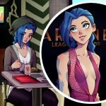  1girl arcane:_league_of_legends beanie blue_hair braid can casual celebrity coca-cola collarbone dress earrings food hat jewelry jinx_(league_of_legends) league_of_legends long_hair newspaper salad smile soda_can talt_lo tattoo tray twin_braids v-neck very_long_hair 