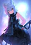  1girl animal_ear_fluff animal_ears arms_behind_back bad_link bangs belt black_dress blue_hair buckle chorefuji closed_mouth commentary_request cowboy_shot dress hair_between_eyes highres looking_at_viewer original shoulder_cape smile solo strap thigh_strap violet_eyes 