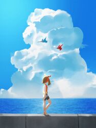  1girl barefoot bike_shorts bike_shorts_under_shorts blue_sky bow_hairband brown_hair clouds dragon fanny_pack flying hairband highres latias latios may_(pokemon) naz_(hsae3838) ocean outdoors pokemon pokemon_(creature) pokemon_omega_ruby_and_alpha_sapphire red_shirt shirt shorts shorts_under_shorts sky sleeveless water 